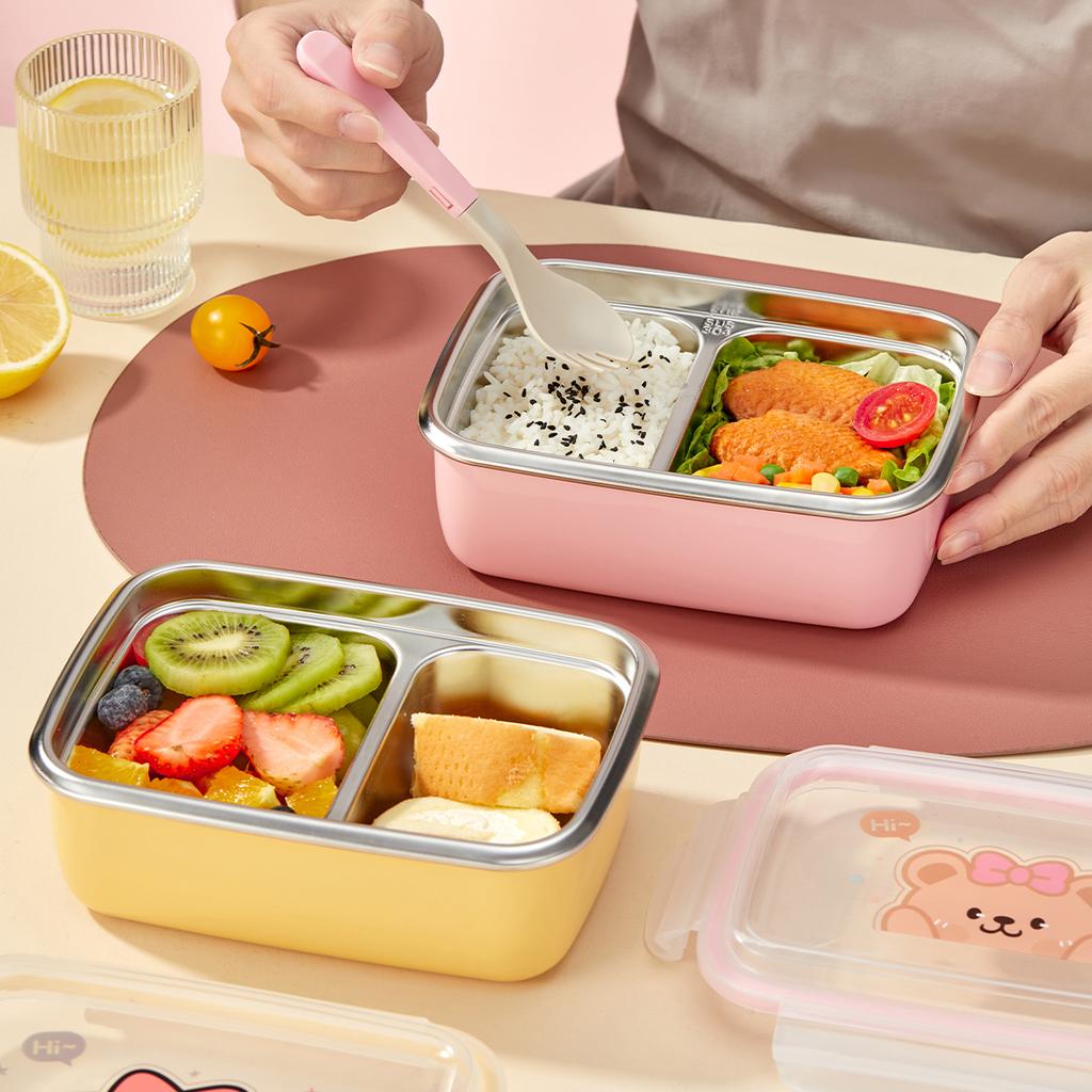 2 Compartment 304 Stainless Steel Bento Lunch Box With Spoon 530/850ML Portable Heatable Food Container For Kids Students School