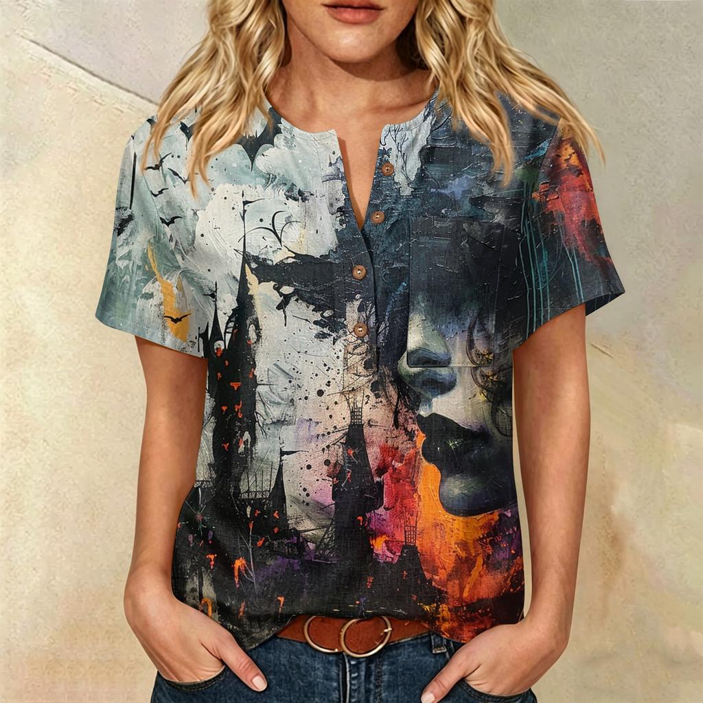 Women Casual Short Sleeve Henley Shirt Cotton Linen Blend Halloween Print Front Pocket Button Neck Blouse