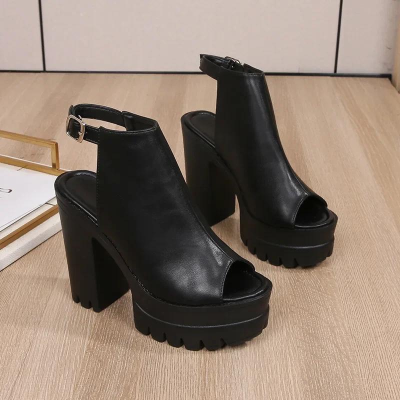 New European and American High Heel Thick Heel Sandals Women's Waterproof Platform Fish Mouth Roman Shoes 2025