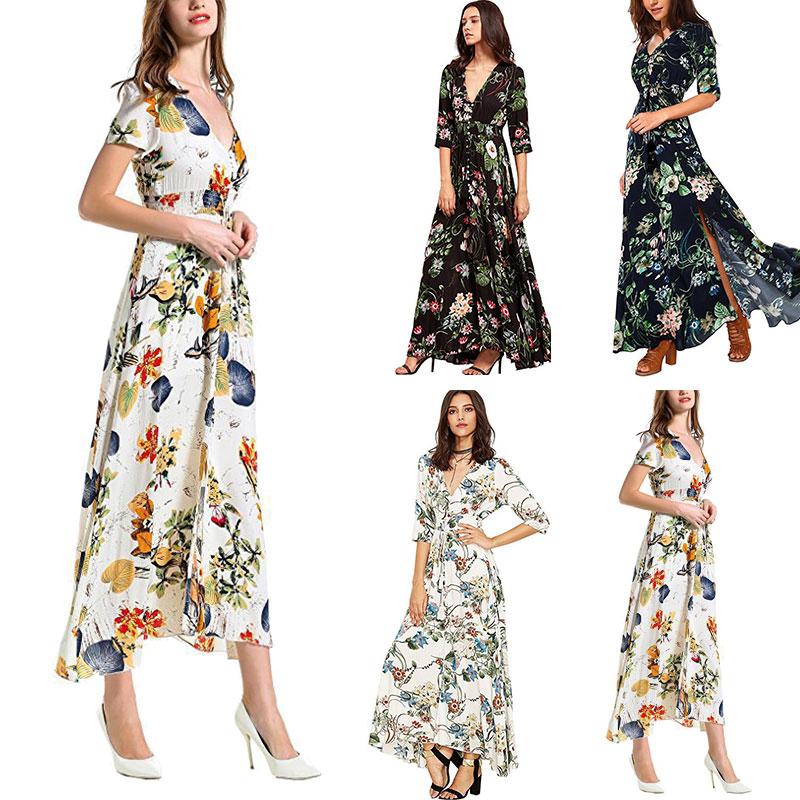 Robe longue ample à col en V et motif ethnique vintage bohème pour femme