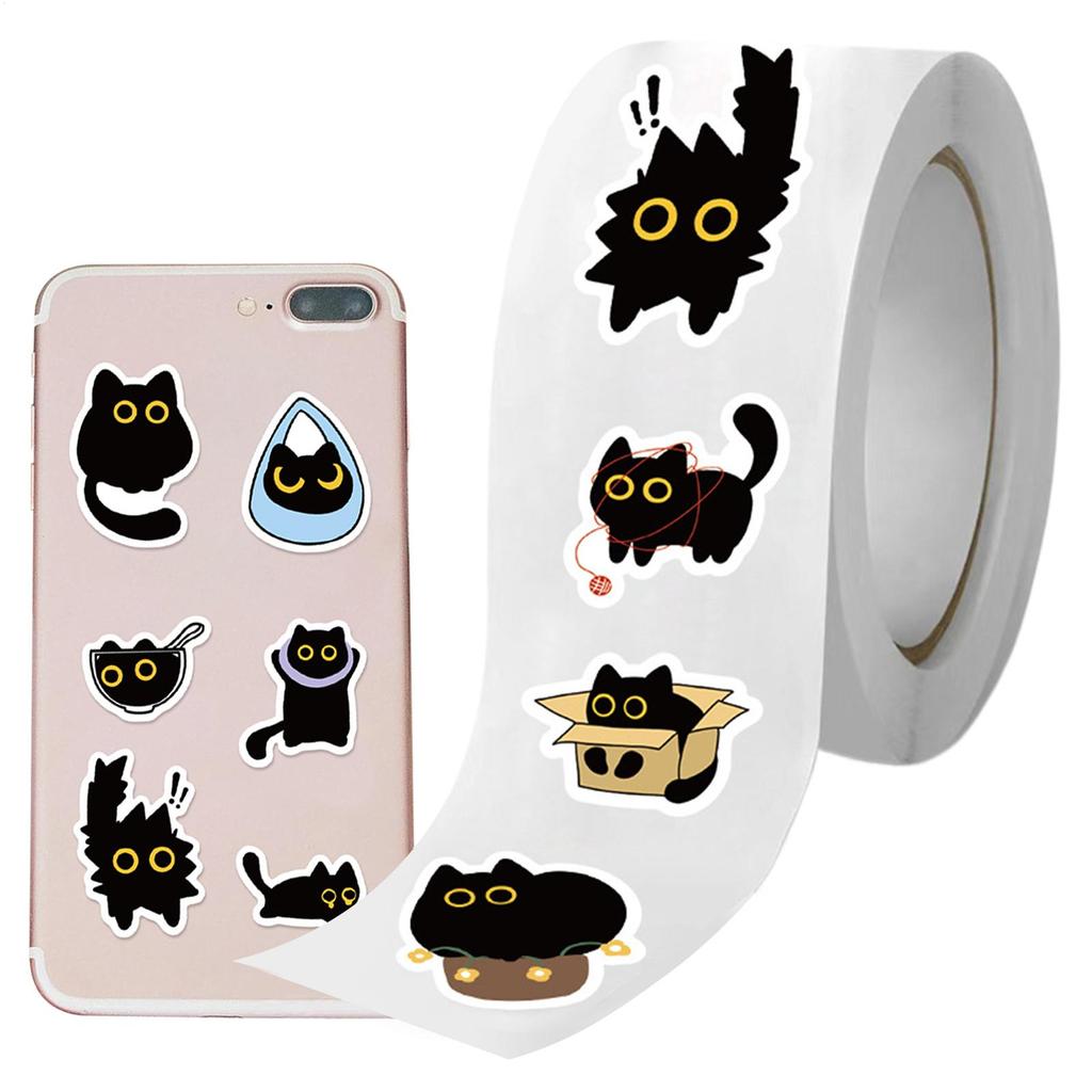 500pcs/roll Cartoon Black Cat Stickers Funny Black Kitten Laptop Stickers Cat Decals For Scrapbooking Journal Envelope Sealing