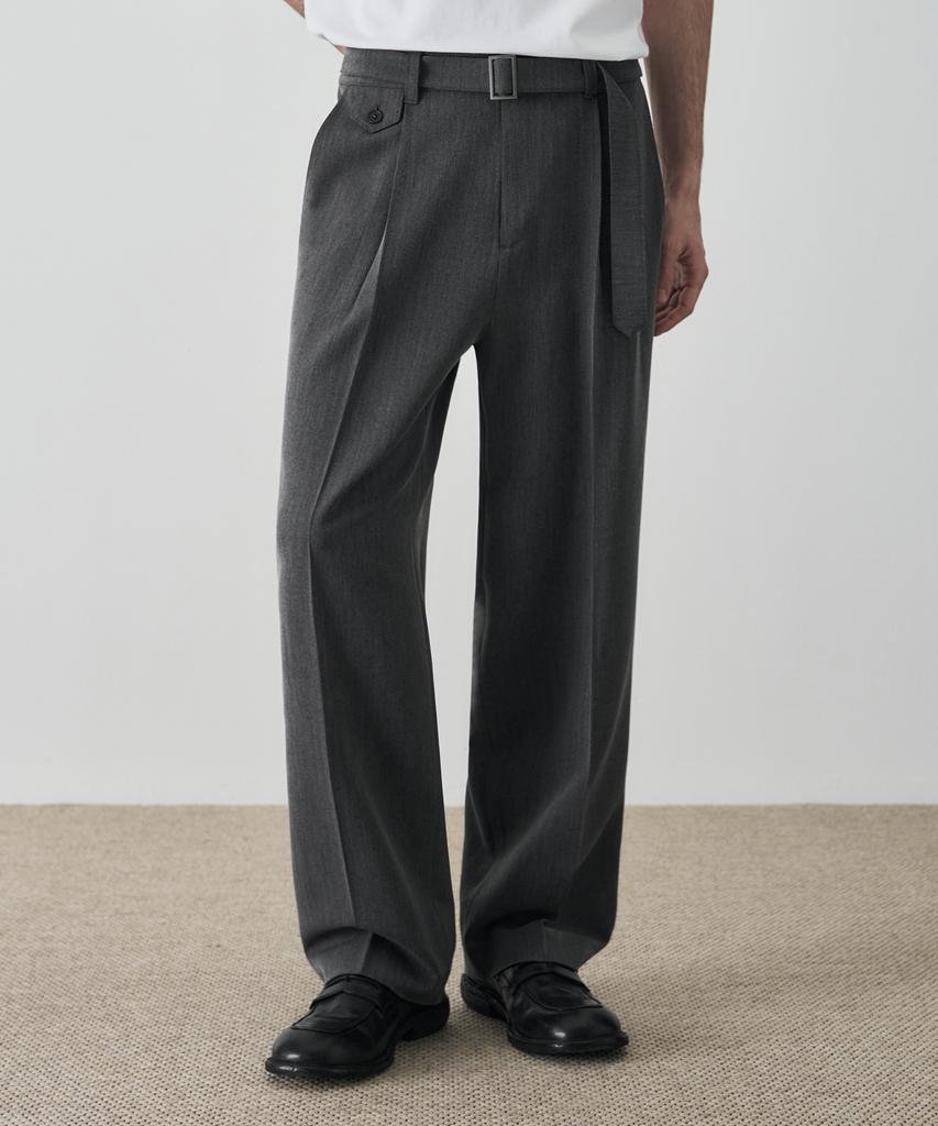DRAW FIT Herringbone Belted Semi-Wide Slacks [Grey]