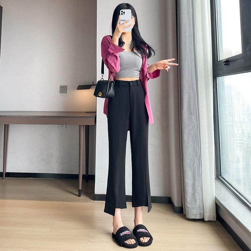 

Irregular Slit Plus Size Ladies High Waist Ankle-Length Suit Pants Eight points [Spring & Fall]] M
