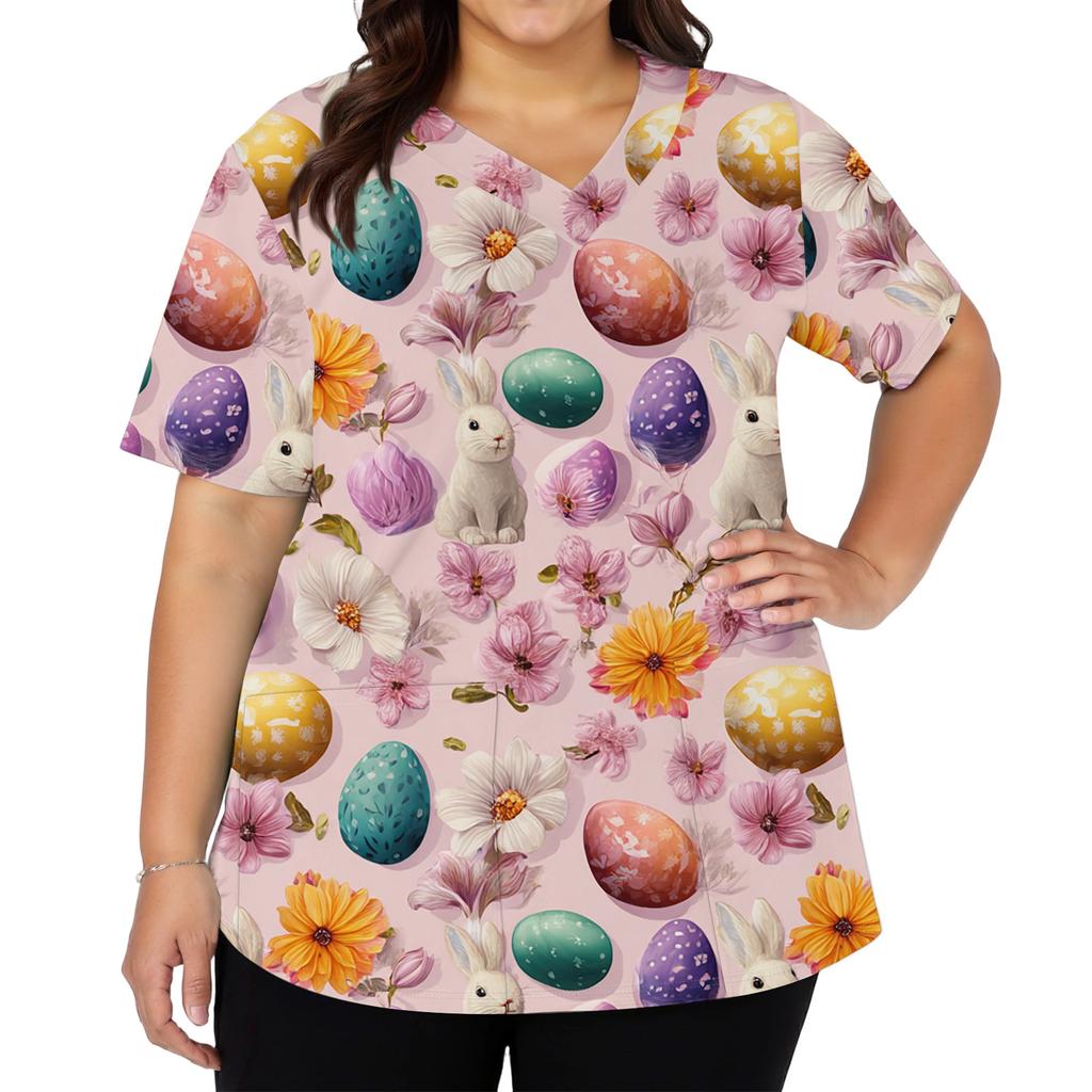 Modisches Damen-Arbeitstop mit V-Ausschnitt und kurzen Ärmeln, mit doppelten Seitenschlitzen und Taschen, featuring Osterhasen- und Eierdrucken.