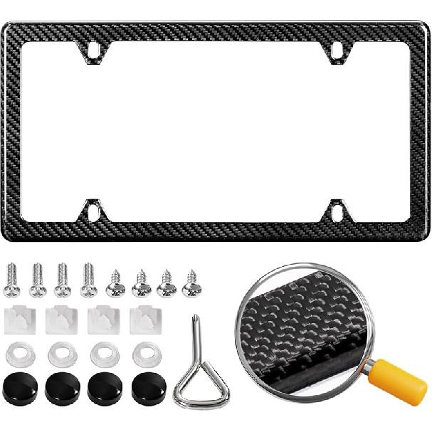 Real Carbon Fiber License Plate Frame, 100% Pure Carbon Fiber Frame, Black License Plate Holder Cover With Screw Caps, Anti-Vibration Pads, (Twill 2