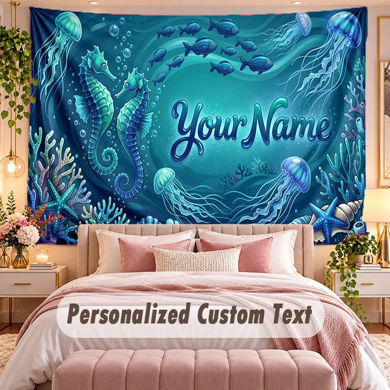 Fish Ocean (144) Theme Wall Tapestry Customized With Name Text Personalized Hanging Tapestry For Bedroom Living Room Decor