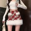 Christmas Outfit Fur Patchwork Red Plaid Woolen Skirt Women's Early Spring Petite High Waist Hip Short Skirt
