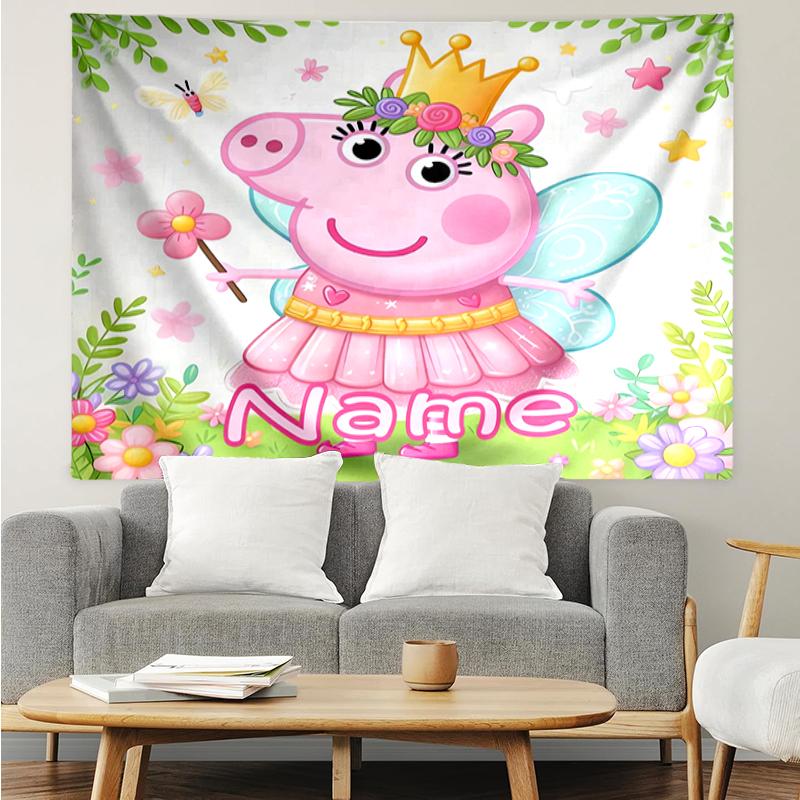 Custom Name Peppa Pig Print Tapestry, Backdrop, Easy Setup, Ideal for Bedroom, Office & Living Room, with Aesthetic Wall Hanging Decor.