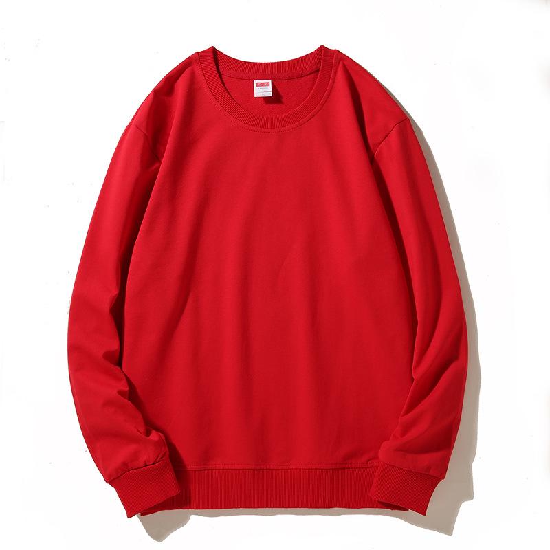 Spring Crew Neck Sweatshirt: Drop Shoulder, Solid Color, Long Sleeve, Logo-Printed Workwear.