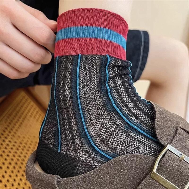 Female Summer Thin Vertical Stripe Striped Mesh Breathable Tube Socks
