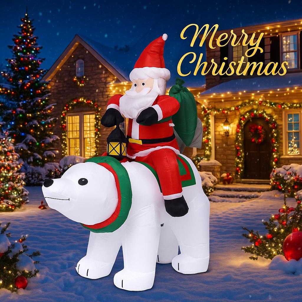5.91FT Inflatable Toy Santa Claus Ride Polar Bear Xmas Yard Lawn Party Decoration with LED Lit Christmas Home Supplies Ornaments