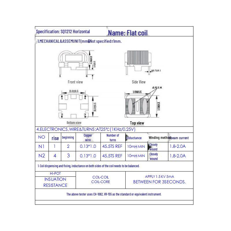 Flat Coil Common Mode Choke SQ1212, 0.13*1.0 Pin Pitch, 13*10, 10mH, Horizontal