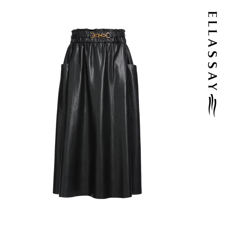 ELLASSAY A-Line Black Faux Leather Midi Skirt