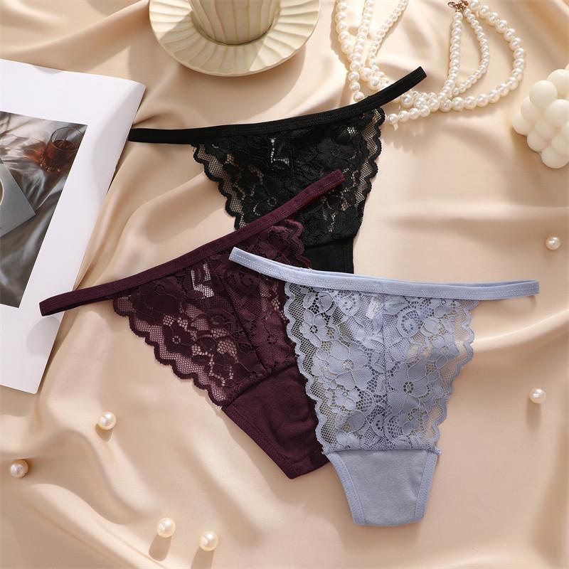 FINETOO Lace Thong for Women Seamless Lingerie Ice Silk Underwear T-back Panty