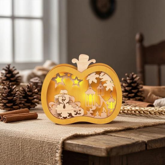 Yousheng Halloween Wooden Lighted Pumpkin for Tabletop, Spooky Pumpkin Lantern Shadow Box for Halloween Party, Dinning, Coffee Table Decoration