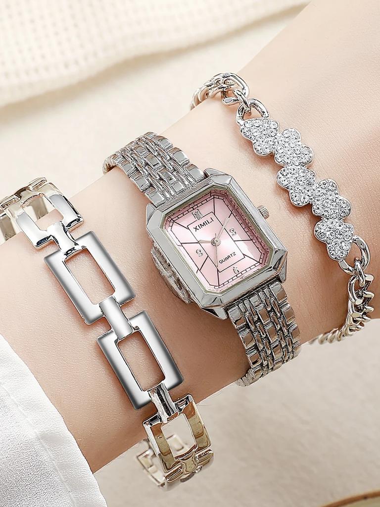 Fashionable All-Match Light Luxury Steel Band Square Quartz Women's Watch Bracelet Set of 3, Suitable for Christmas and Thanksgi