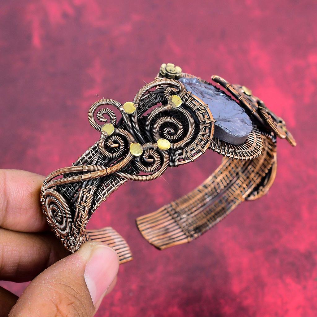 Shungite rough cuff bracelet copper wire wrapped adjustable bangle flower gemstone bangle handmade copper jewelry wire wrap jewelry for gift