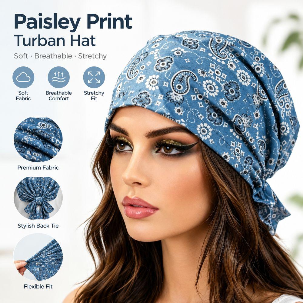 Stretchy Fabric Turban Hats Paisley Print Casual Hedging Cap Fashion Pullover Hat Hair Accessories