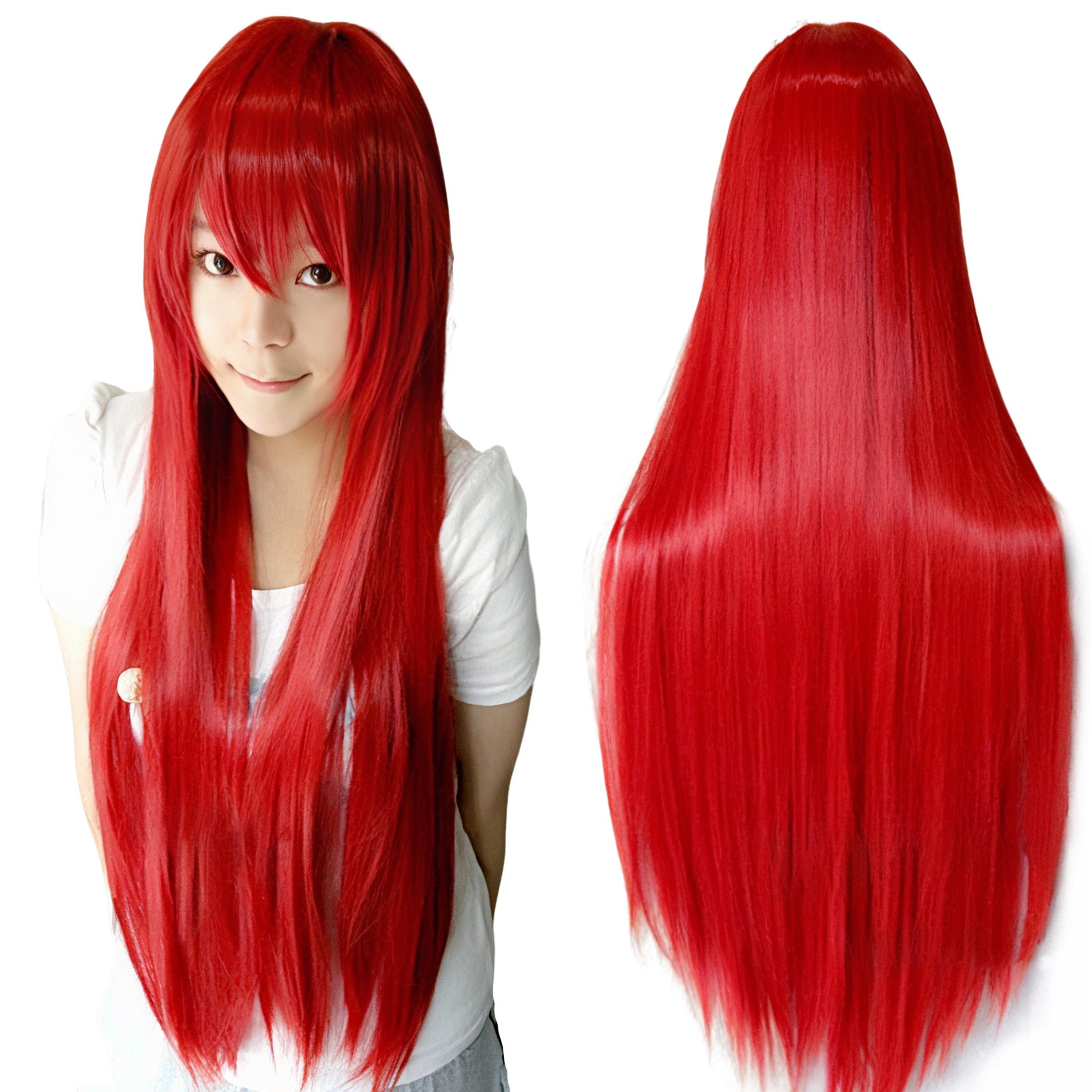 Synthetisch Haar Rood Steil Lang Pruik voor Anime Cosplay Rias Gremory Halloween Kostuum Haar Erza Scarlet Pruik met Pony 32inches red