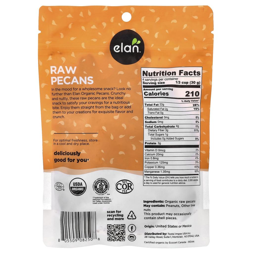 Elan Organic Pecans, Raw, 125g (4.4oz)