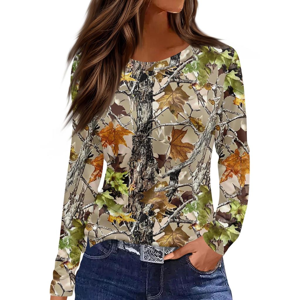 Women's Fashion Hem Split Casual Dead Leaf Print Round Neck Long Sleeve Top