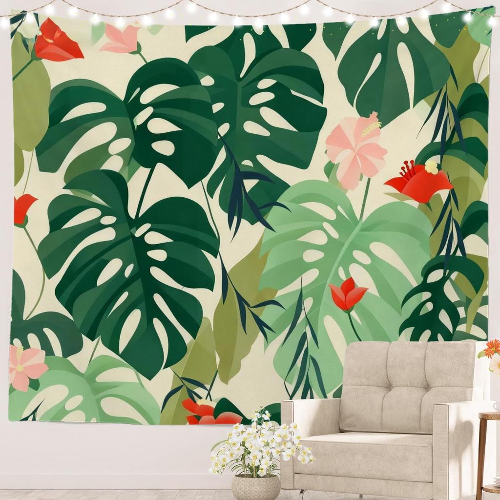 Tropical Jungle Leaves Tapestry Wall Hanging Bohemian Boho Decor Green Monstera Palm Leaf Print Polyester Fabric Home Accent Art