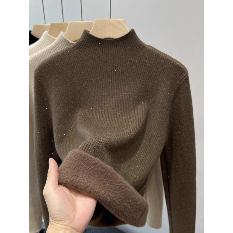 New autumn and winter bright silk semi-turtleneck integrated fleece-knitted sweater women's thickened warm bottoming shirt top tide