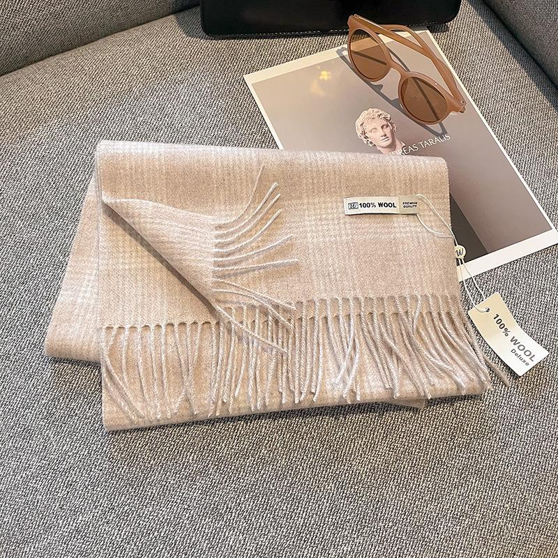 100% Pure Wool Scarf Female Winter Warm Cashmere Shawl Checkerboard Grain Design Couple Accessory Premium Sense Windproof Scarf