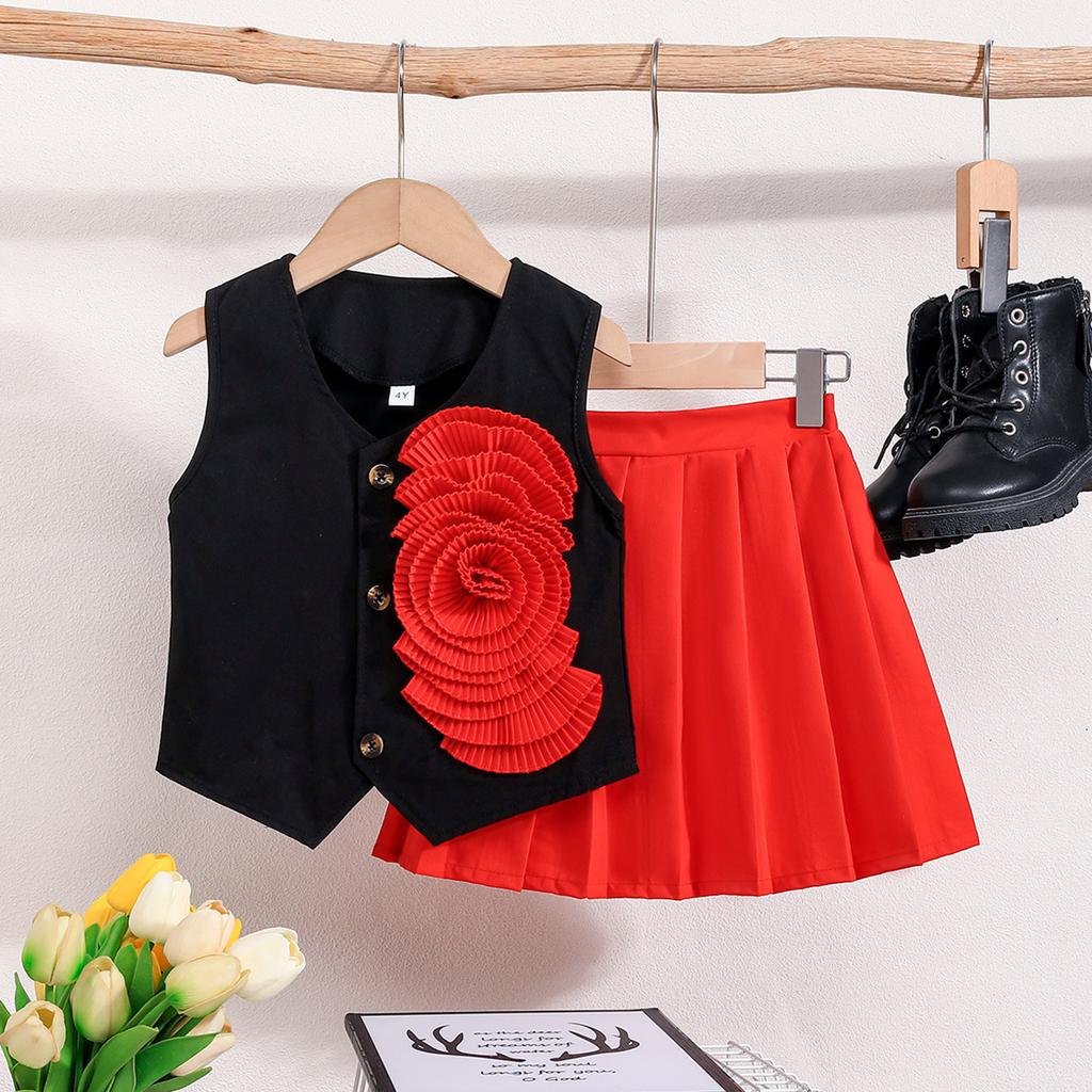 Mädchen Sommer Outfit Satin Floral Schwarz Ärmelloses Top + Rosa Faltenrock College Stil