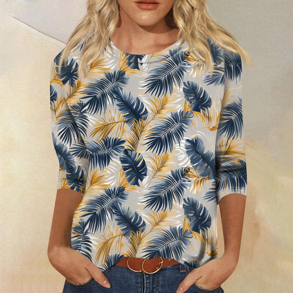 Módní vintage top s 3/4 rukávem pro ženy, dámská ležérní halenka s tříčtvrtečním rukávem a kulatým výstřihem s potiskem