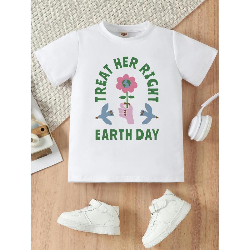

European sizes Girls T-shirt with Floral Print and Earth Day Design, Featuring a Round Neck and Short Sleeves, Perfect for Casual Wear During Summer 164cm