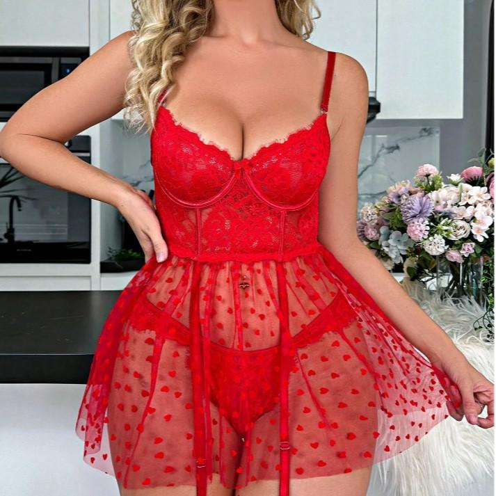 New European and American sex underwear lace perspective polka dot suspender nightdress large size mesh sexy sleep
