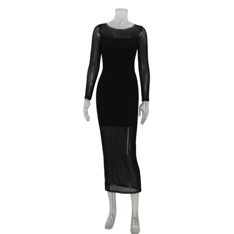 Fashion Elegant Sexy See-through Mesh Patchwork Dress Fashionable Slim-Fit Sheath Long Sleeves Black Primer Dress