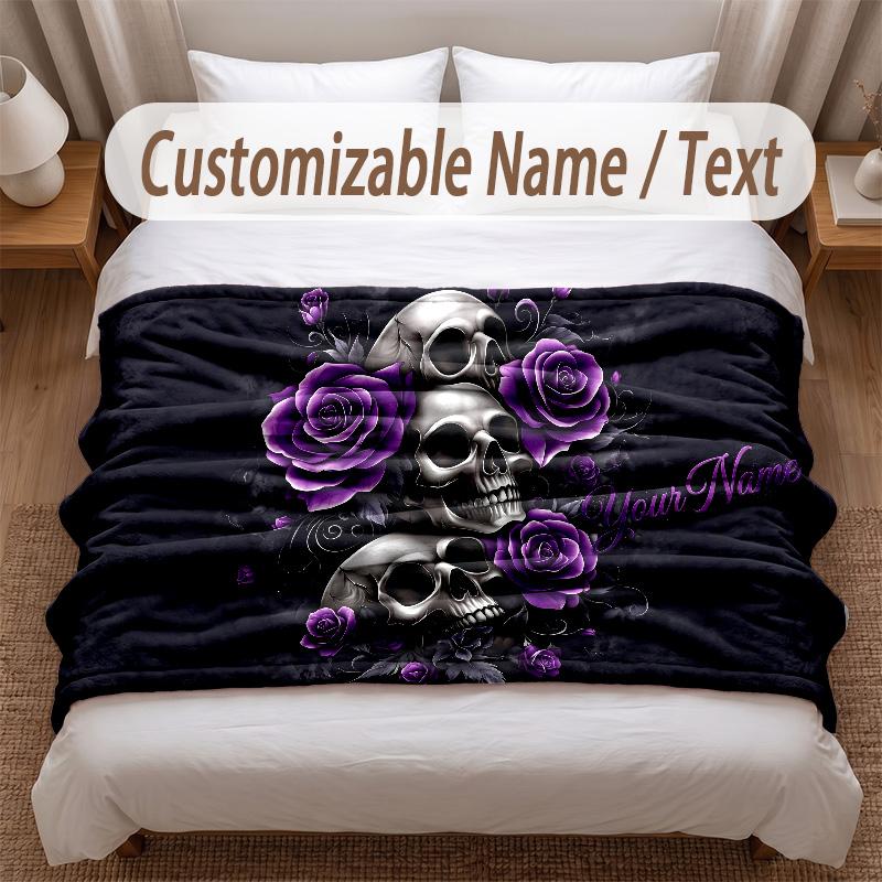 Skull Gothic Theme Soft Blanket Personalized Custom Name Text Print Warm Blanket Home Sofa Bedroom Decor