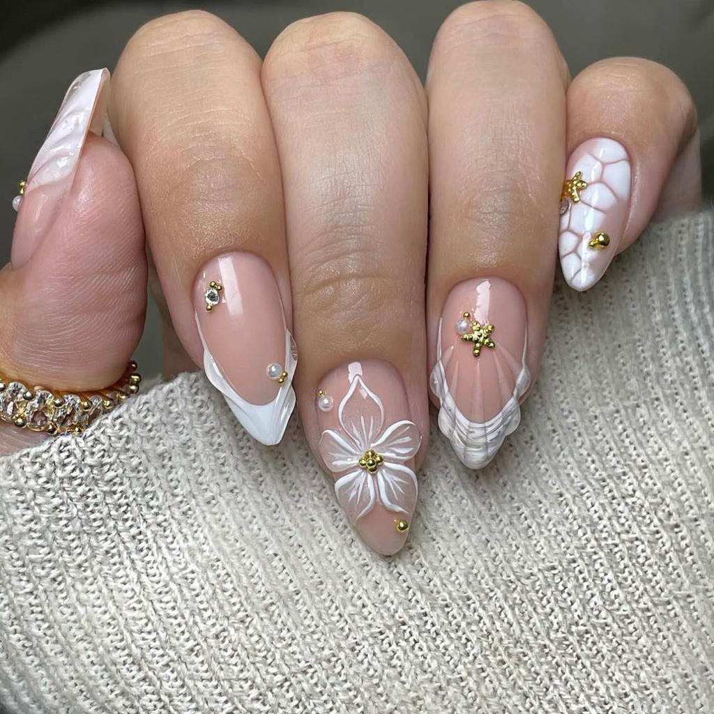 24Pcs Nude Pink Gradient French Tip Press On Nails Mid Length Almond Shape With Pearl Gold Chain Polka Dot False Nail Tips
