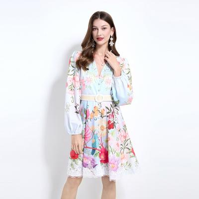 Spring Autumn Women V-neck Print Lace Patchwork Mini Short Chic Beach Holiday Dresses With Belt