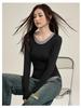 2025 Women's Slim Fit Black Lyocell Faux Two-Piece Long Sleeve T-Shirt