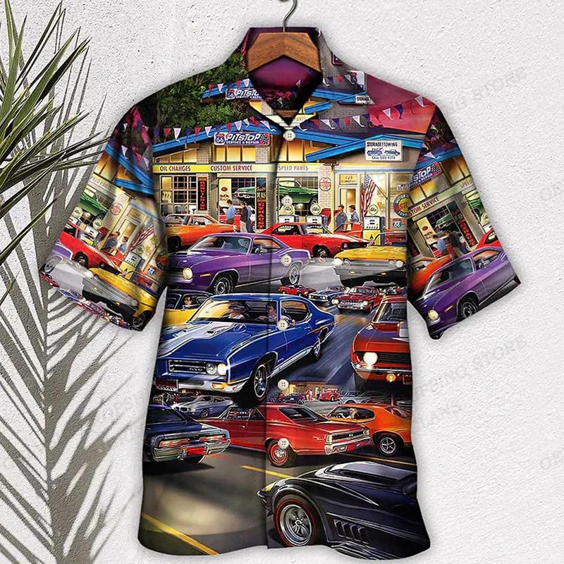 Camicia Hawaiana da Uomo Stampa Grafica Auto Camicie Uomo Moda Casual Blusa da Spiaggia Vacanza Revers Motocicletta Camisa