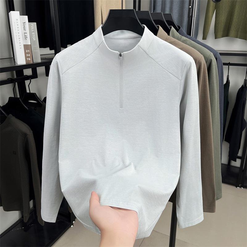 New semi-zipper stand-up collar sports long-sleeved t-shirt men's spring and autumn outdoor bottoming shirt solid color pullover casual top