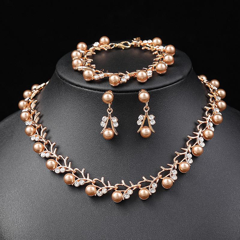 Korean Version of Pearl Necklace Earrings Set Bridal Dress Versatile Accessories Small Fresh Alloy Electroplating Three-piece Set