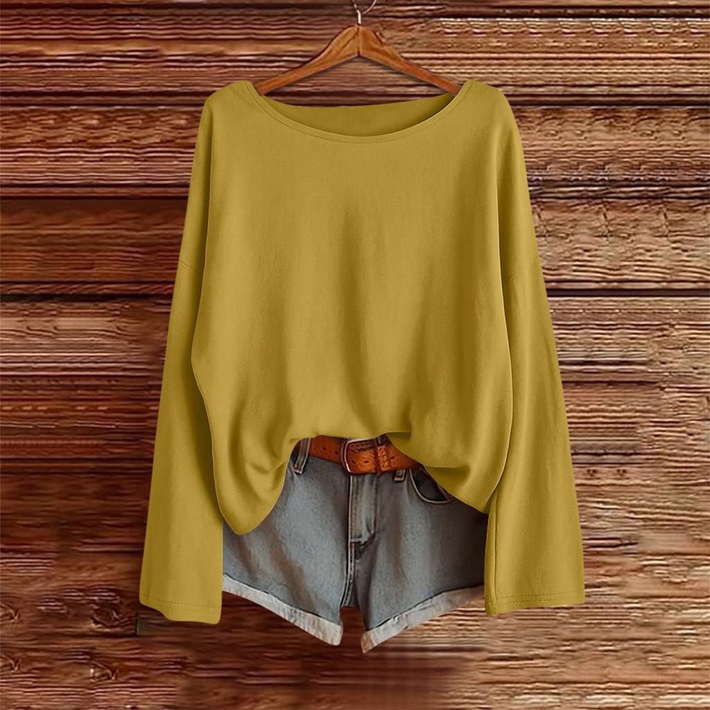 Langarmshirts für Damen Einfarbige T-Shirts Blusen Lässig Übergröße Basic Oberteile Pullover