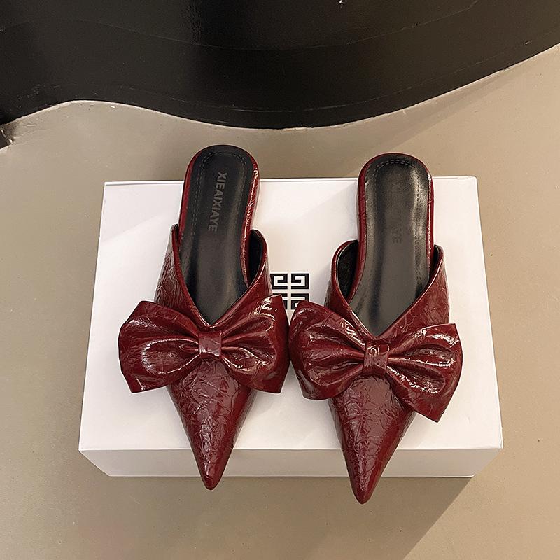 Baotou Half Slippers Women's Outer Wear 2025 Summer New Bow Fashion Silver Sandals Pointed Cat Heel Sandals Women