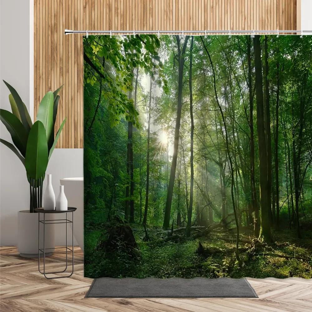 Tropický les Sprchový závěs, Přírodní scenérie Zelená tundra Les Vodopád Řeka Zvíře Most, Koupelnové dekorativní zástěny