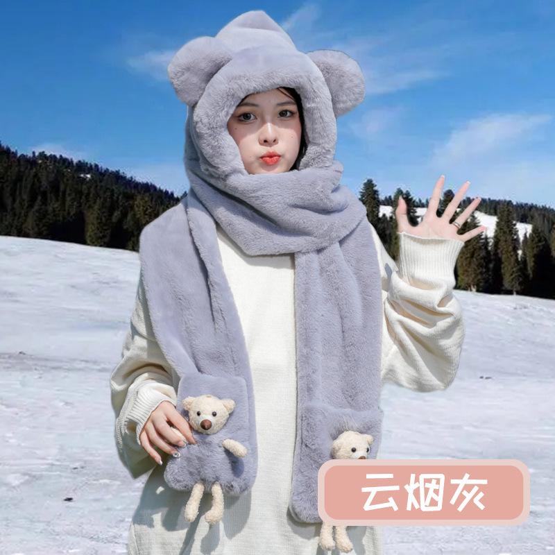 Cute winter bear hat scarf integrated hooded three-piece set women's winter plush gloves ear protection hat