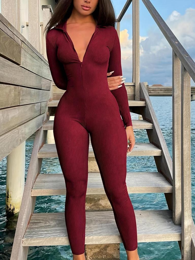 2025 Autumn Casual Ribbed Zippered Sport Jumpsuit