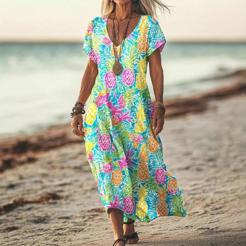 2026 Summer Women's Dress Short-sleeved Retro Shuttle Printed V-neck Casual Fashion Beach Long Skirt