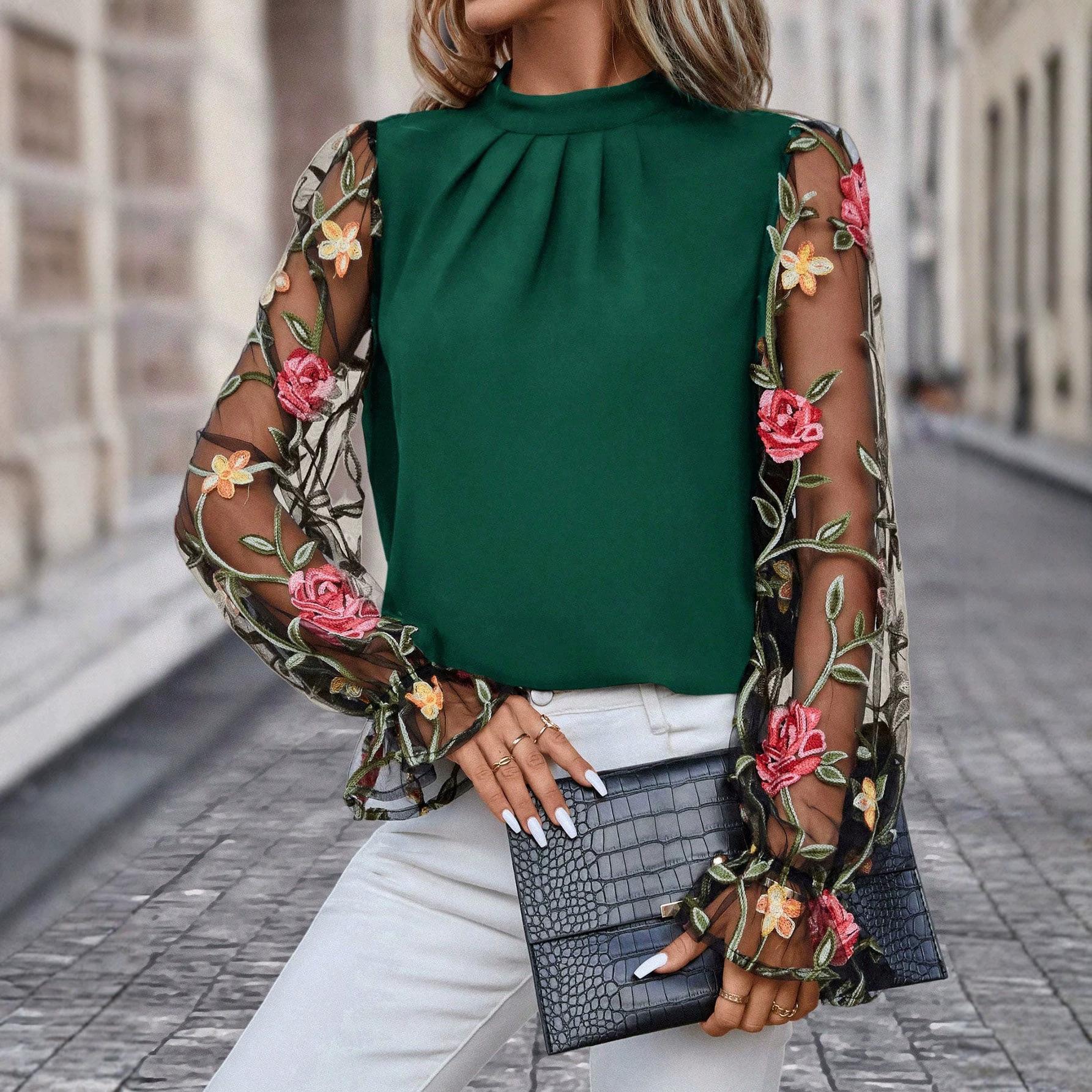 Women S Half High Neck Embroidered Long Sleeve Shirt Mesh Spliced Top S