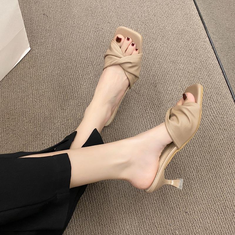 Mules Talon Bas Style Français pour Femmes, Sandales à Enfiler à Talon Bas Stiletto à Une Bride, Sandales Élégantes pour Fête en Plein Air