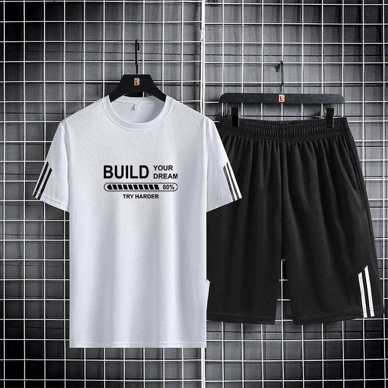 Ice Silk Quick Drying Sports Set Couple Three Bars Summer Thin Breathable Trendy Printed Short Sleeve Shorts Set of Two