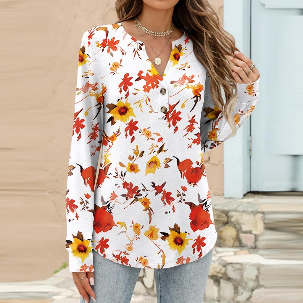Women's Fashion Casual Floral Print Long Sleeve T-Shirt Pullover Top